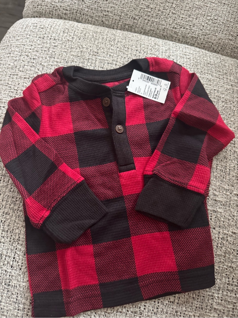NWT The Children's Place Red Buffalo Plaid Waffle Thermal Henley 6-9M Boy